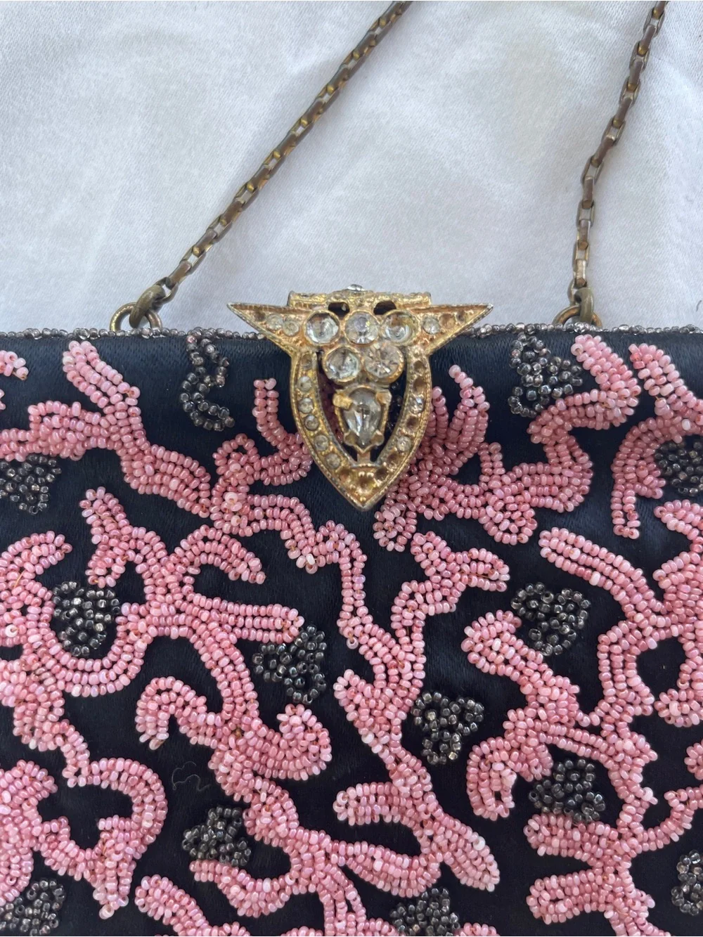 Vintage Pink Black Beaded Evening Purse Jeweled Clasp Satin Lined